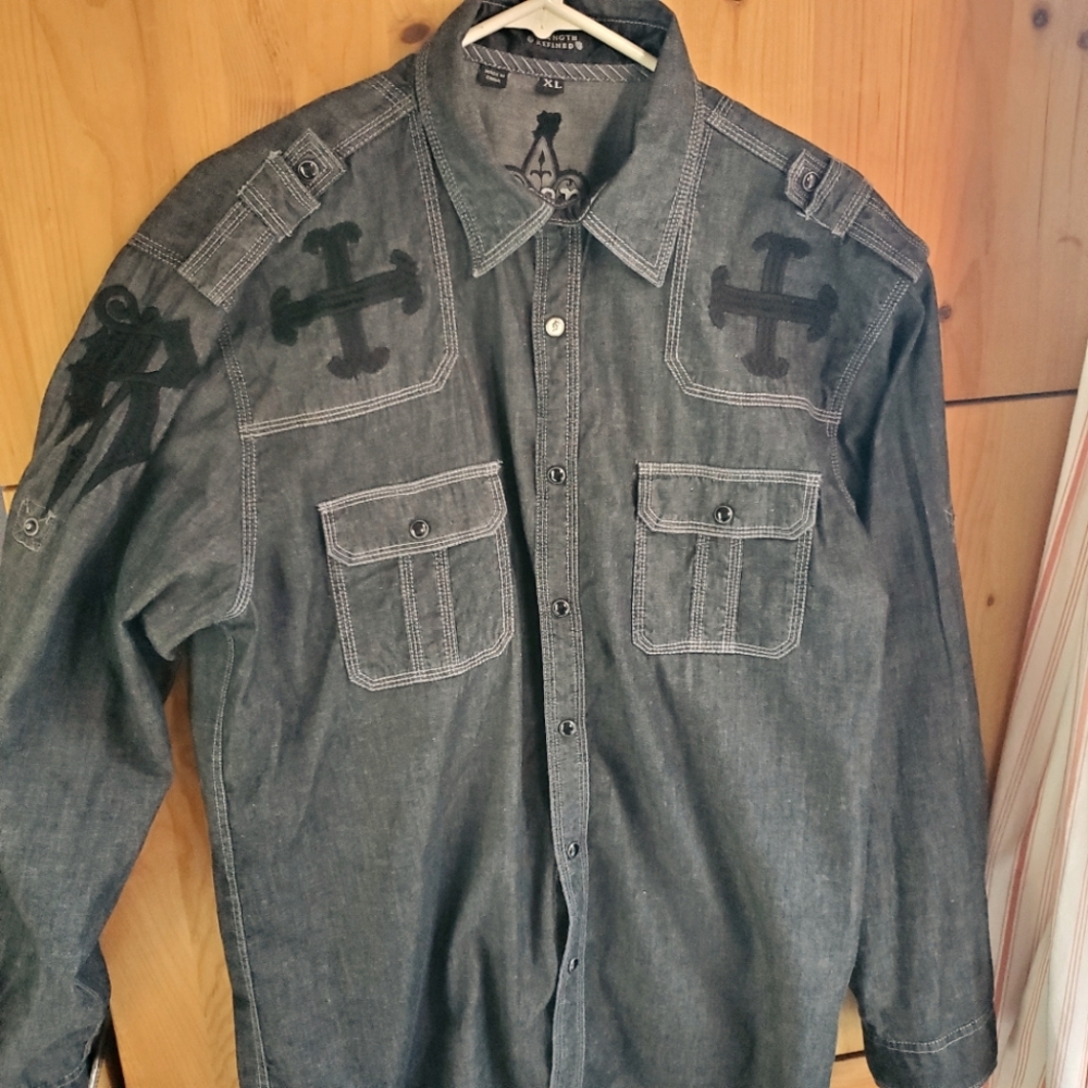 Roar Men's Dark Grey Embroidered Appliqued Long Sleeve Shirt size XL
